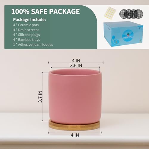 4 Inch Ceramic Plant Pots with Drainage Holes, Small Contrast Style Flower Planter Pot with Tray for Indoor Plants, Succulent, Snake Plants, Cactus & Herbs, Set of 4 - Image 3