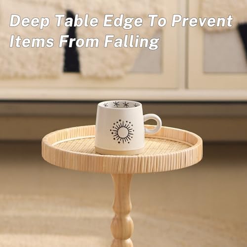 Small Side Table，Rattan Round Drink Tables for Small Spaces, Boho Circle Accent Table Coffee Table with Solid Wood Leg for Living Room, Pedestal Table for Bedroom, Corners - Image 5