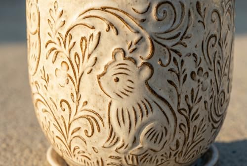 Decorative Ceramic Planter Pot with Saucer, Brown with Gold and Silver Owl Pattern, Indoor Garden Container with Drainage (White, 6 inch) - Image 6