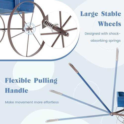 DORTALA Wood Wagon Planter, Outdoor Garden Flower Planter Cart with Wheels, Small Decorative Wood Raised Bed Plant Pot Box Stand for Backyard, Patio, Balcony, Blue - Image 6