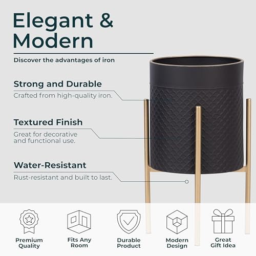 Decorative Flower Pots with Metal Stand for Home Decor - Modern Planters for Hallway, Entryway, and Living Room Decor - Indoor and Outdoor Pots for Plants - Set of 2, 23", 19", Black & Gold - Image 5