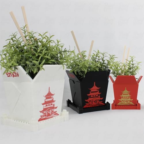 3D Printed Planter Chinese Takeout Box - Set of 3 with (Free) Trays and Chopsticks - Plant Pot with Drainage Decor, Oyster Pail planters Plant - Made in USA - Image 2