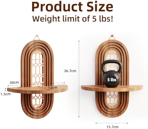 Boho Decorative Wooden Floating Wall Shelves Vintage Shelf with Oval Lattice Backplate Mid Century Modern Wall Mounted Shelves for Home Bathroom Bedroom Living Room Office Storage and Display（2-pack） - Image 2