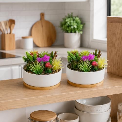 LUOZZY White Ceramic Succulent Planter Pot with Bamboo Tray for Indoor - Image 7