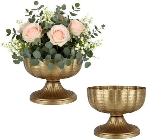 Retro Gold Vases for Centerpieces Set of 2 Brass Metal Vases for Flowers Decorative Pedestal Bowl for Table Centerpieces Floral Arrangments on Housewarming Wedding Party by Unknown
