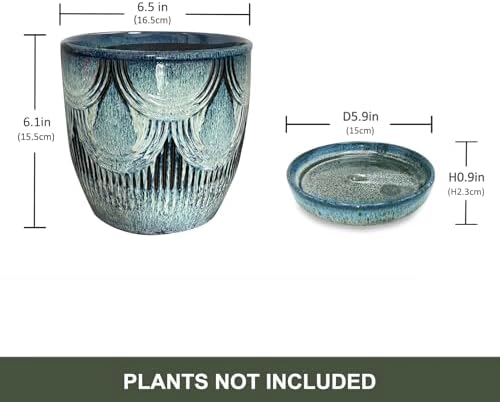 Plant Pots Indoor, Ceramic Planter, 6in Plant Pot, Plant Pots with Drainage Holes and Saucers, Flower Pots for Indoor Plants, Reactive Glaze Blue - Image 3