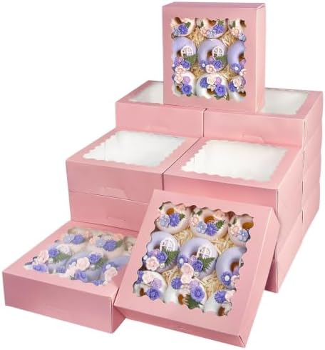 Bakepacker Auto-pop Up Pie Boxes with Window 8x8x2.5 inches 55pcs Pink by Bakepacker