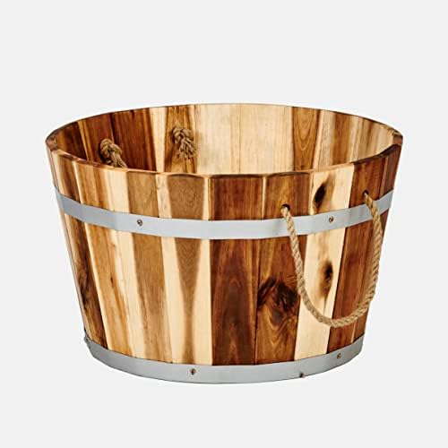 Worth Imports 15" Natural Acacia Wood Barrel Planter with Rope Handles by Worth+Imports