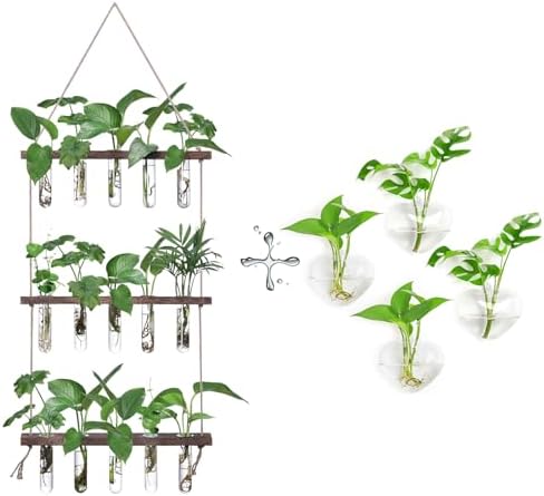 XXXFLOWER Wall Hanging Propagation Station with 5 Glass Test Tubes 3 Tiers+Wall Hanging Glass Terrariums,Heart-Shaped Set of 4 by XXXFLOWER