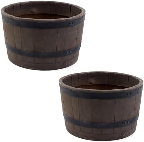 RTS Home Accents Polyethylene Whiskey Barrel Planter for Indoor or Outdoor Gardening, Woodgrain with Black Stripes (2 Pack) by RTSCompaniesInc