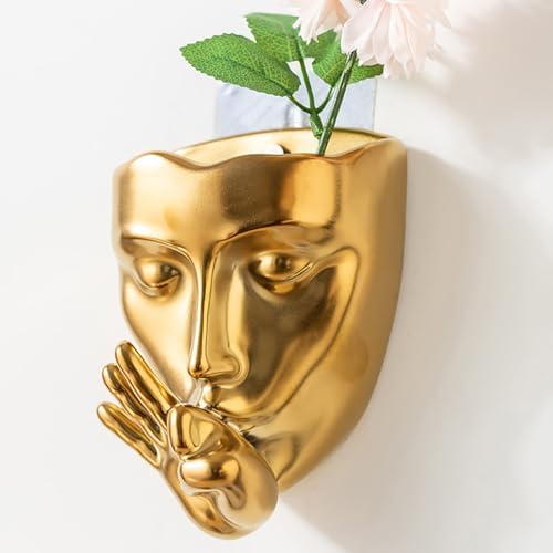 Ceramic Face Wall Planter — Small Wall Mounted Face Vase Head for Indoor Plants, Succulents & Cacti, Hanging Flower Pot with Drainage for Living Room Balcony Decor (Plated Gold, Victory) - Image 4