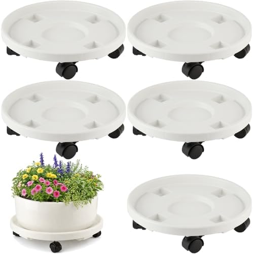 5-pack 11.8" Large Plant Caddy with Wheels Plastic Plant Dolly with Locking Caster Flower Pot Mover Rollers Wheeled Rolling Plant Stands Round Plant Saucer on Wheels Indoor Outdoor Base Coasters White by PartyZealot