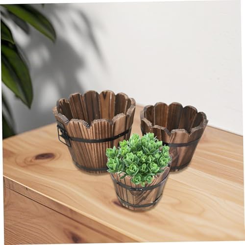 3Pcs Whiskey Barrel Planter Vintage Wooden Barrel Planter with Wavy Mouth & Drainage Hole Decorative Plant Pot with Handles for Indoor Outdoor Garden, Décor de pelouse - Image 5