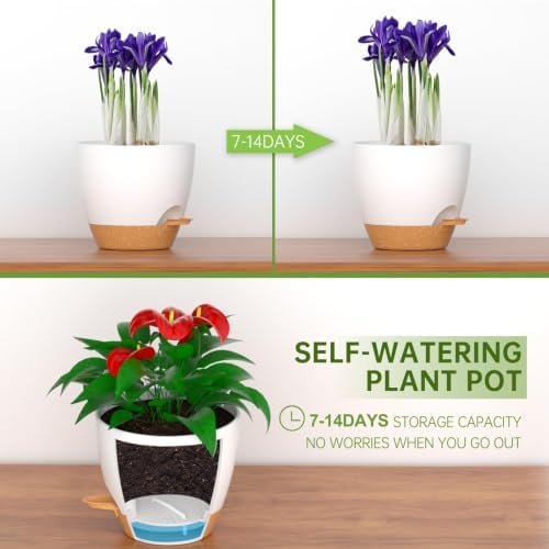 ZMTECH 3Pcs 12Inch Plant Pot Planter for Indoor Plants Self Watering Flower Pot with Drainage Holes and Saucer for Outdoor Plants(White with Brown) - Image 6