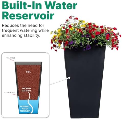 Step2 Tremont Tall Square Tapered Planter, 28 in Resin Planter, Self-Watering, Onyx Black - Image 6
