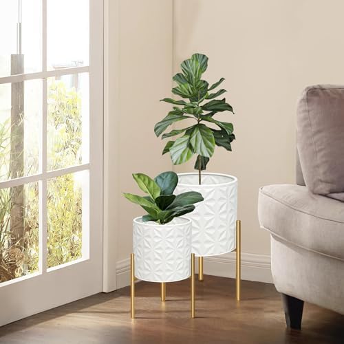 ARNIS Plant Pots with Stand, Set of 2 Indoor Planter Pots, Large Metal Planters with Stand, Mid Century Decorative Flower Pots with Drainage Hole and Gold Plant Stand, 8.25" & 10.5",Matte White - Image 7