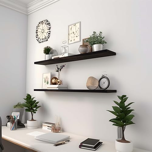 YYWUOJJ Wood Floating Shelves for Wall Decor, Rustic Wall Shelves for Bedroom Bathroom Kitchen Living Room, Set of 4 Walnut 36 Inch - Image 5
