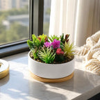 LOGOFUN White Ceramic Succulent Planter Pot with Bamboo Tray - Round - Image 5