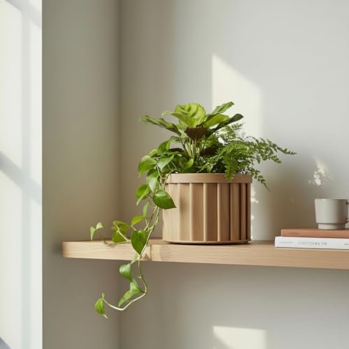 MD Round Strata Planter in Beige Brown - Ceramic Planter with Modern Aesthetic for Succulents and Small Plants - Image 4