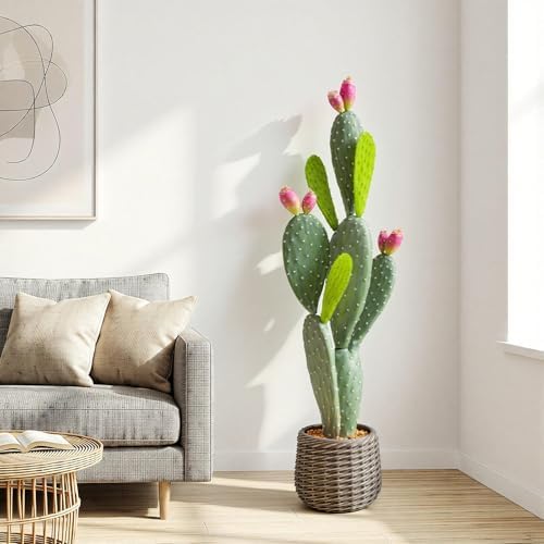 Artificial Cactus Plant Outdoor, 41” Tall UV-Resistant Fake Cacti Plants with Realistic Pads & Vibrant Fruits in Brown Pot, Faux Floor Plant for Indoor Home Living Room Foyer Porch Balcony - Image 2