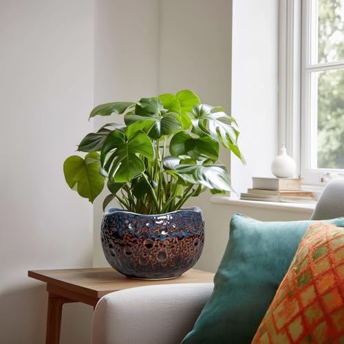 Ceramic Planter, 8 Inch Plant Pots with Drainage Hole, Brown-Blue - Image 3