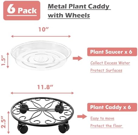 6 Pack Metal Plant Stand with Wheels 12 Inch Plant Caddy with Wheels Heavy Duty Wrought Iron Rolling Plant Stand Plant Dolly Plant Rollers Plant Cart Plant Mover with 6 Pack Plant Saucers - Image 4