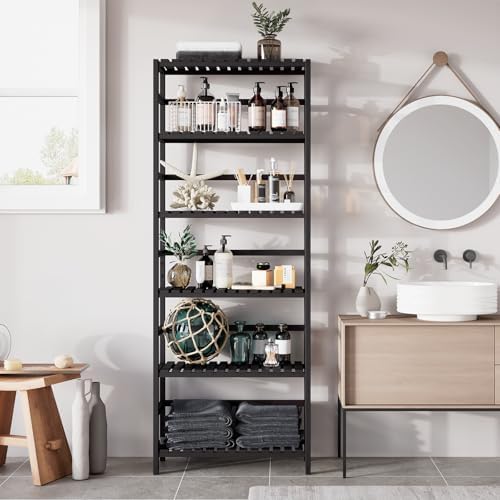 Bamjoy Bamboo Shelf, 6-Tier Bookshelf Adjustable Storage Shelves, Tall Shelving Unit Plant Stand, Storage Rack for Bathroom Home Office Living Room Kitchen, 23.6W x 10.2D x 63.4H Black - Image 4