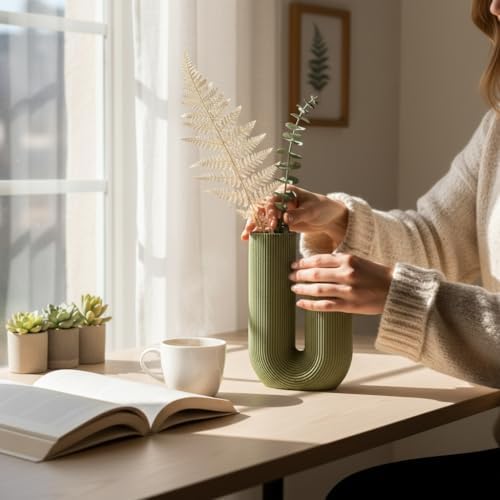 U-Shaped Modern Vase, Minimalist Ribbed Planter for Real & Dried Plants, Sustainable Home Decor (Olive) - Image 7