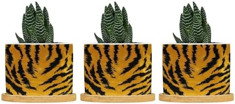 Tiger Fur Skin Ceramic Planters Black and Yellow Animal Stripe Print Snake Plant Live Indoor with Pot with Drainage Holes and Saucers Pot for Pots Outdoor Indoor Plants by BRUYU5SE