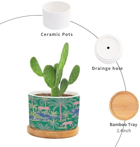 Animal Green Chinoiserie Planter Ceramic Asian Thailand Pink Elephant Floral Round Flower Pots with Drainage Holes and Bamboo Tray Pot for Indoor Outdoor Garden - Image 3