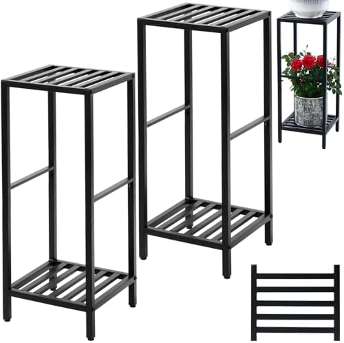 Party Zealot 2 Packs of 2-Tier Tall Metal Square Plant Stand 31” Heavy-Duty Modern Flower Pot Rack for Indoor Living Room, Corner Side Table for Outdoor Patio, Garden Planter Holder, Black by PartyZealot