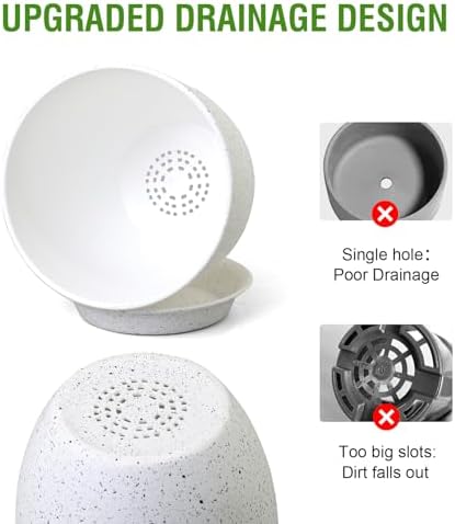 WSMKSZ 10/9/8 inch Medium Plant Pots, Set of 3 Modern Decorative Plastic Planters with Drainage Holes and Saucers for Garden House Plants, Flower Pots for Indoor Outdoor Plants, Speckled White - Image 6