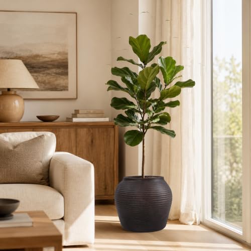 12" H x 14" Dia Vintage Black Fiberstone Planter Pot with Drainage Hole, Decorative Flower Pot for Houseplants, Small Trees & Greenery, Indoor Outdoor Patio, Porch, Entryway & Garden - Image 2