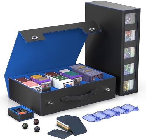 Kabinka MTG Card Storage Box with Handle & Mechanical Latch,5-Row 3900+ Commander Trading Card Case with Sealed Display Window,Top Loaders Organizer Deck Box for MTG/TCG/PTCG/Sports Cards (Black Blue) by Kabinka