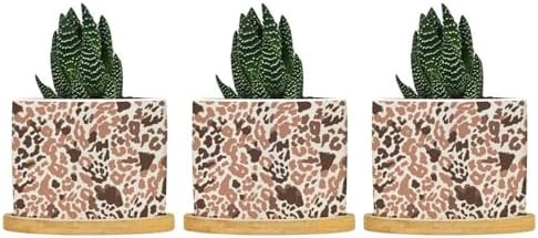 Red Brown Light Gray Leopard Planter Ceramic African Tribal Animal Print Round Plant Pot with Drainage Holes and Bamboo Tray Pot for Home Office Desk Garden by BRUYU5SE