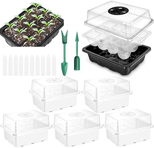 Seed Starter Trays, Reusable Seed Starter Tray 12 Holes,with Air Vent Humidity Dome and Drain Hole Base for Seedling, Seed Growing and Seed Starting,7.3 x 5.7 x 4.3 inches (5 PCS-White) by Unknown