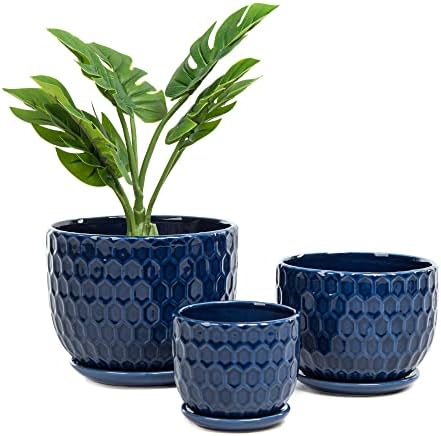 Ceramic Flower Pots with Drainage Hole and Saucer, North European Style Round Indoor Succulent Planters with Honeycomb Inspired Texture Design, Small to Medium-Sized, Set of 3, Navy Blue by Nattol