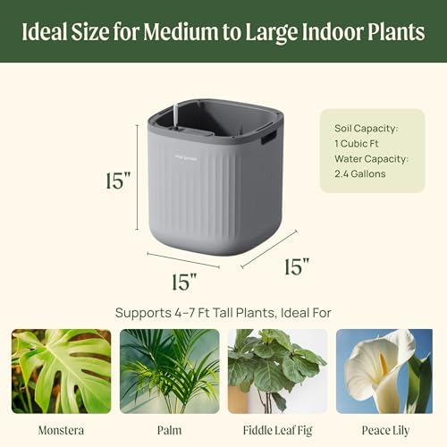15 Inch Self-Watering Planter for Indoor Plants – Large Modern Plant Pot with Built-In Water Reservoir, Ideal for Monstera, Fiddle Leaf Fig, Palms & Peace Lily, Without Trellis (1, Fog Gray) - Image 2
