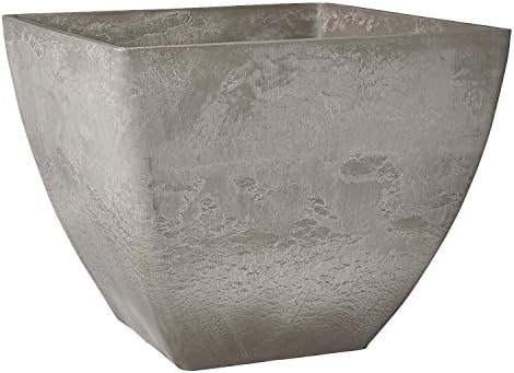 PSW Pot Collection 16x13 inch Plastic/Stone/Wood Composite Square Planter – No Drainage Hole (Drillable), Modern Indoor/Outer Pot for Flowers, Foliage, Succulents, Fairy Gardens, Cement Color by PSW