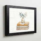 Framed Canvas Wall Art Watercolor Vintage Books and Jasmine Linen Tones with Peace Note Canvas Print Poster Black Frame Wall Decor for Office Study Cozy Library Art, Bookish Decor - Inch 12x16 - Image 5