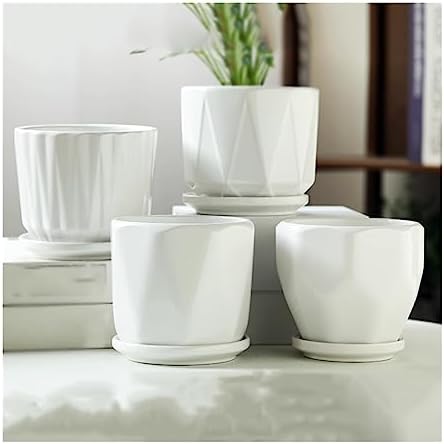 Plants Flower Pots Plant Pots Ceramic Pure White Simple Flower Pots Four-piece Set of Medium-Sized Planters with Tray Home Succulent Plants Green Plant Cultivation Gardening Pot by Unknown