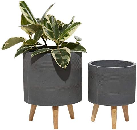 Deco 79 Magnesium Oxide Indoor Outdoor Planter Large Planter Pot with Wood Legs, Set of 2 Planters 13", 16"H, Gray by Unknown