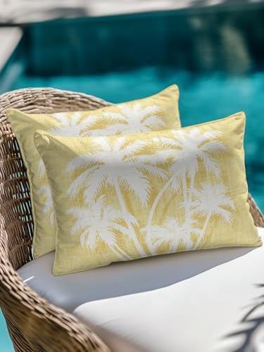 Tropical Palm Tree 12x20 Waterproof Outdoor Lumbar Pillows Set of 2 with Inserts, Vintage Yellow Exotic Botanical Plants Patio Decorative Cushion Pillows for Outdoor Sofa Bench Porch Balcony - Image 4