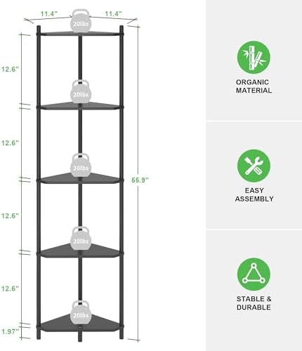 Wisuce Black Tall Corner Shelf Stand, 5-Tier Bamboo Corner Bookshelf - Image 2