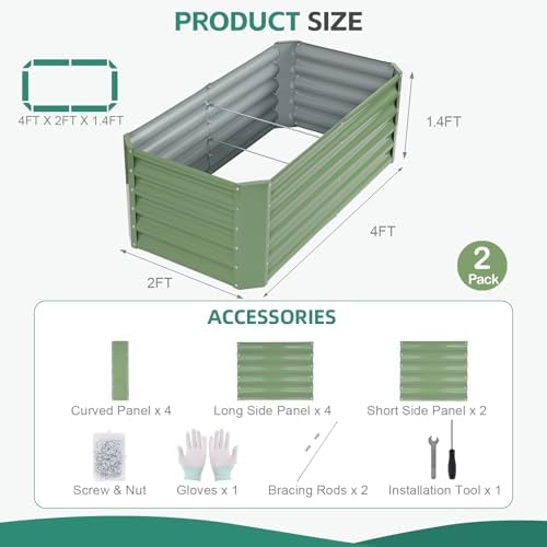 Galvanized Steel Raised Garden Bed, 4x2x1.4ft, 2Pack, Green - Image 2