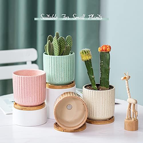 4 Inch Cylinder Ceramic Boho Plant Pots with Drainage Hole and Saucer, Glazed Vertical Pattern Multicolor Flower Pots for Succulent, Snake Plant, Cactus & Herbs, Set of 4 (Plant Not Included) - Image 2