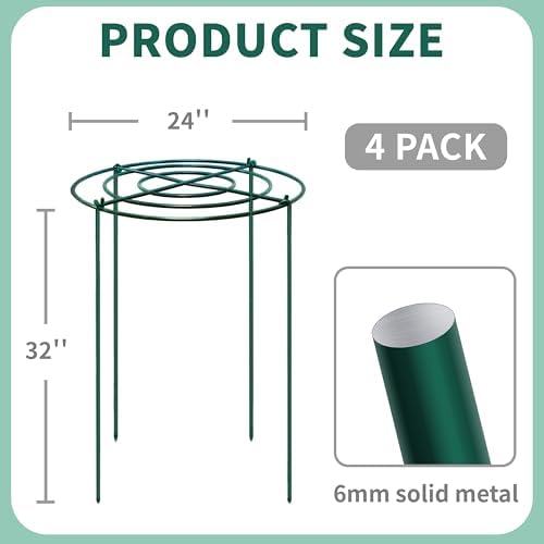 4 Sets Peony Support Cage,24"Diax32"High Heavy Duty Metal Plant Support,Grow Through Hoops Grids with 4 Thickened 6mm Legs,Strong Support Brace for Heavy Blossoms,Flower Support Ring for Peonies,Rose - Image 2
