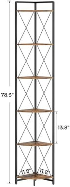 6 Tier Corner Shelf Stand, 78" H Tall Corner Bookshelf, Rustic Brown - Image 2
