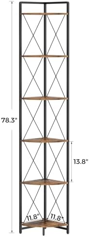 6 Tier Corner Shelf Stand, 78" H Tall Corner Bookshelf, Rustic Brown - Image 2