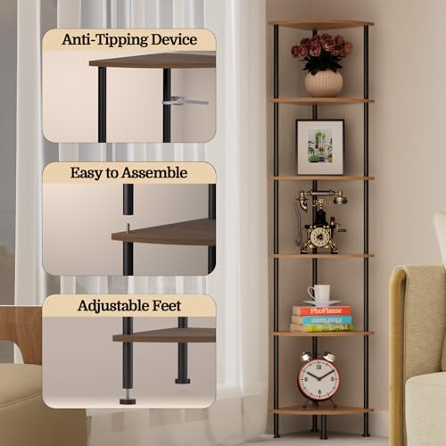 6-Tier Corner Shelf Stand, 65" Industrial Corner Display Rack for Living Room, Bookshelf, Tall Display Shelf, Plant Stand, Storage Standing Shelf for Bedroom, Bathroom, Kitchen, Brown - Image 4